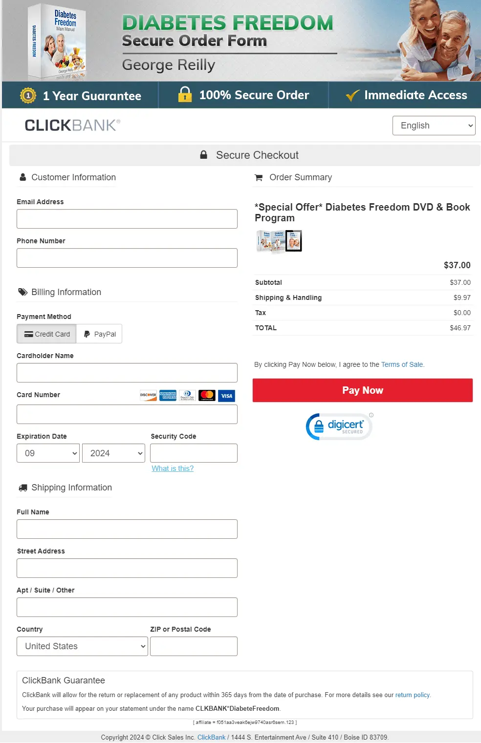 Diabetes Freedom Clickbank secure Checkout Page image